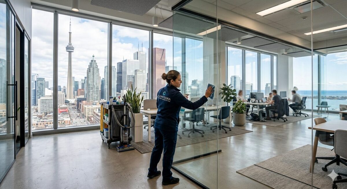 Professional commercial cleaner using high-efficiency equipment in a modern Toronto high-rise office with CN Tower view.