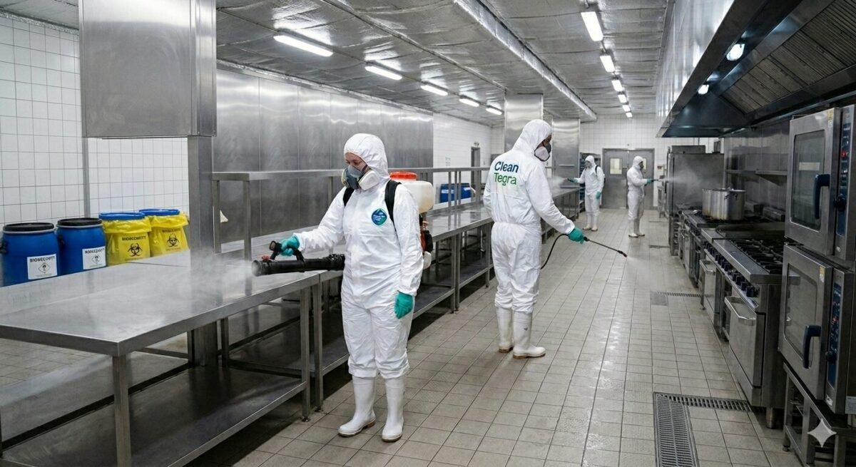 Professional cleaner disinfecting high-touch office surfaces using Health Canada approved disinfectant