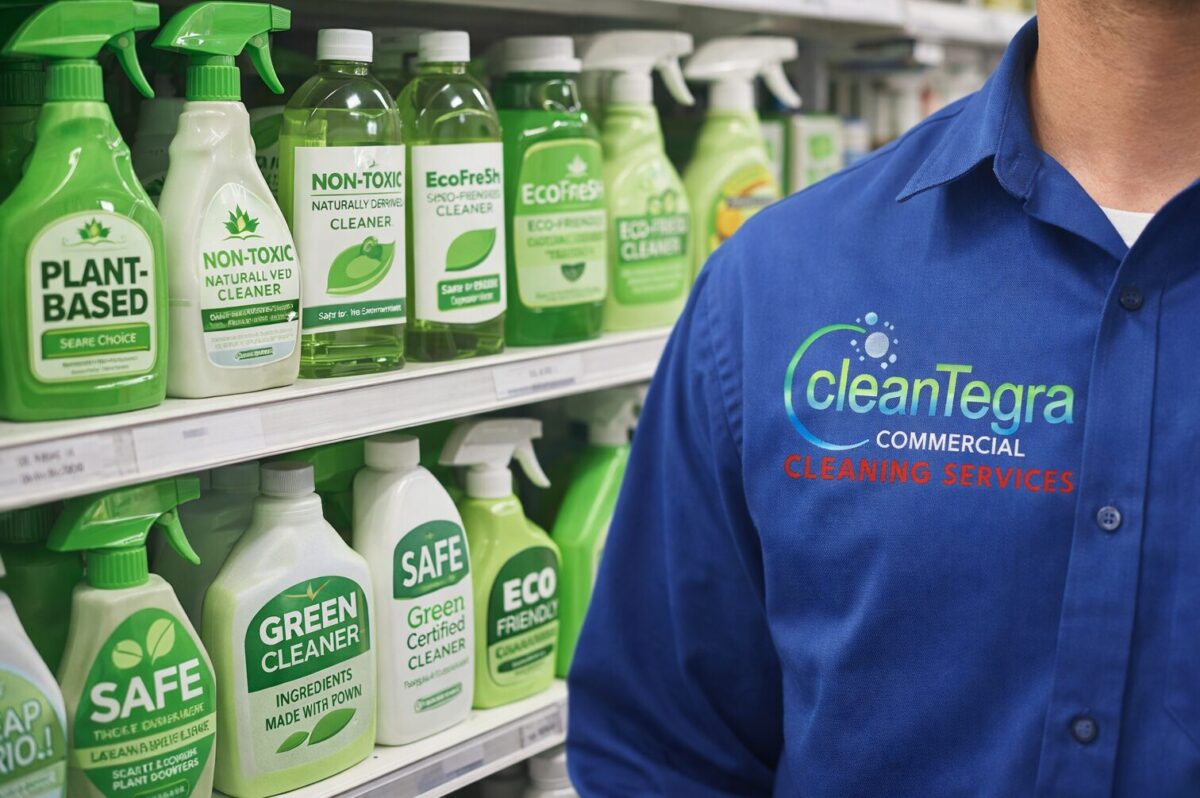 Green labeled cleaning products on shelf