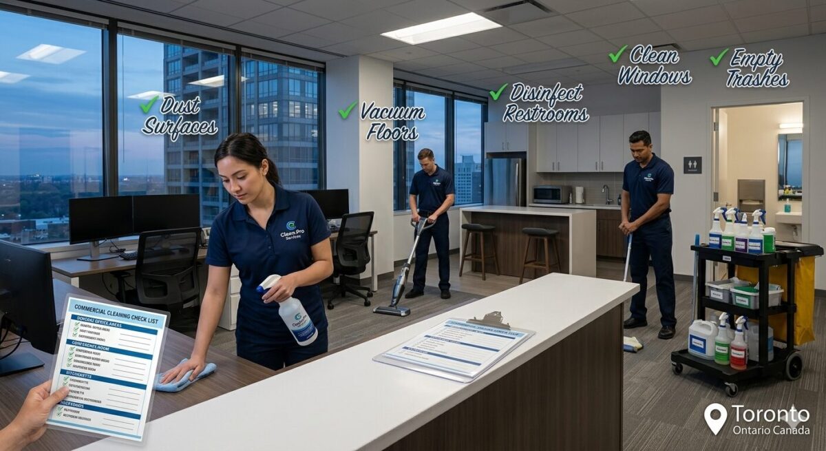 Professional cleaner disinfecting high-touch office surfaces in a Toronto workplace