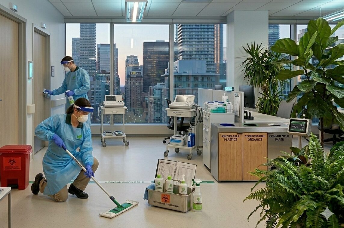 Professional cleaner disinfecting examination room in a Toronto medical clinic