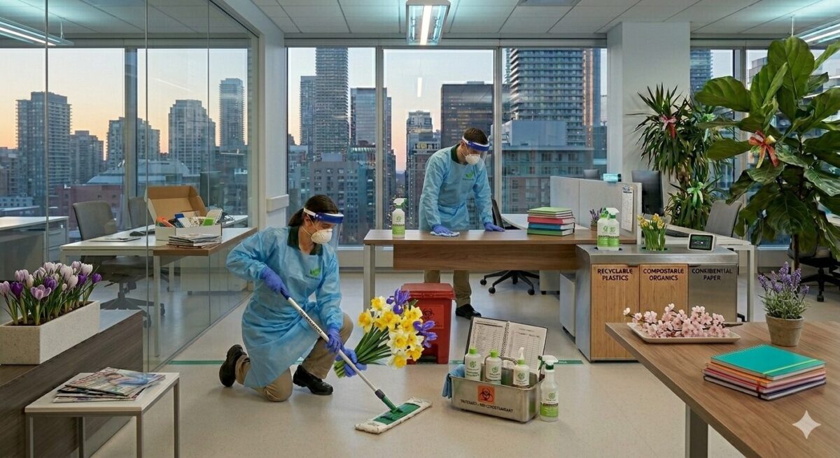 Professional commercial cleaning team performing spring cleaning in a Toronto office
