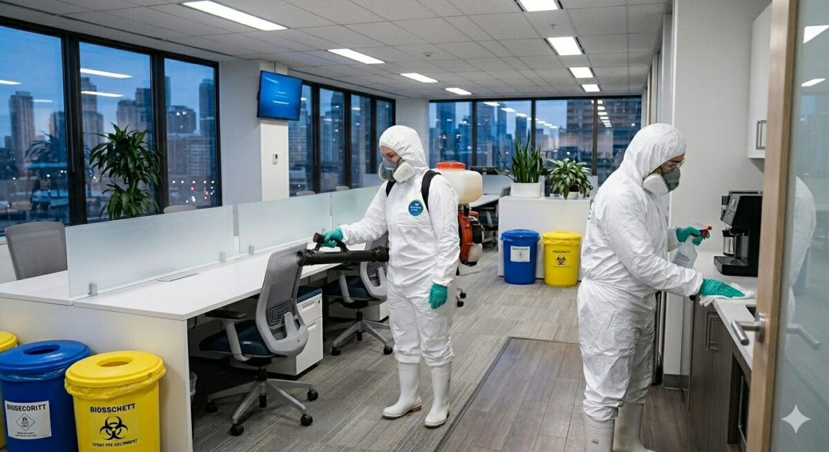Professional cleaner disinfecting high-touch office surfaces in Toronto